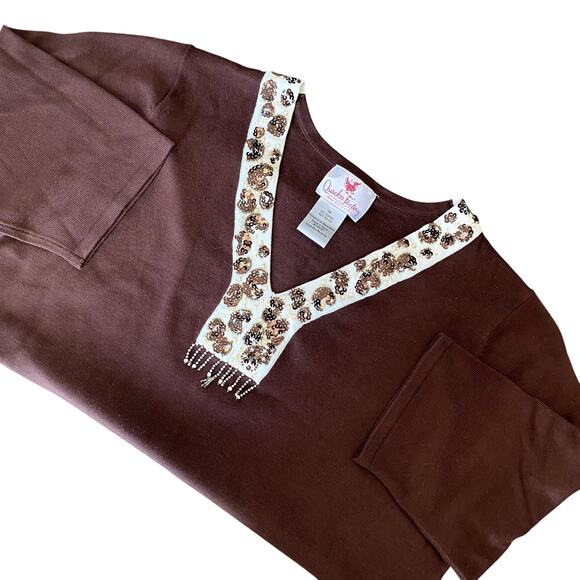 Quacker Factory Women's Brown Boho Embellished Sparkle Top 1X - Picture 1 of 10